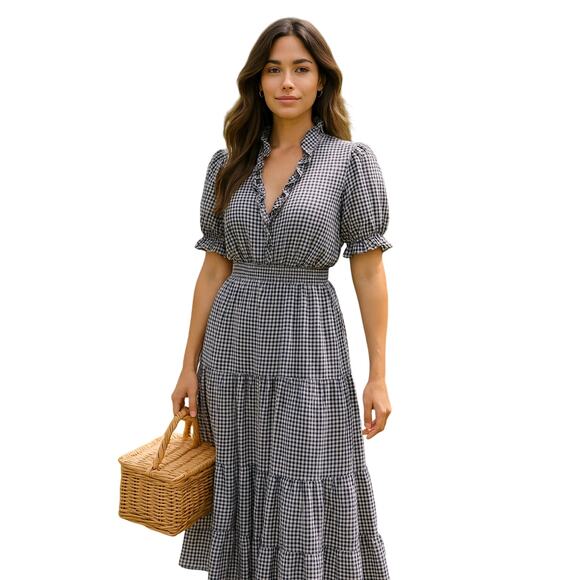 Max Studio Gingham Ruffle Midi Dress Navy Check, Size XL - Picture 1 of 8